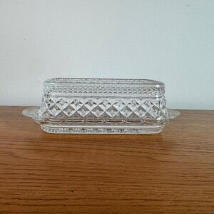 Vintage Anchor Hocking Wexford Clear Glass Butter Dish with Lid Diamond Design‎